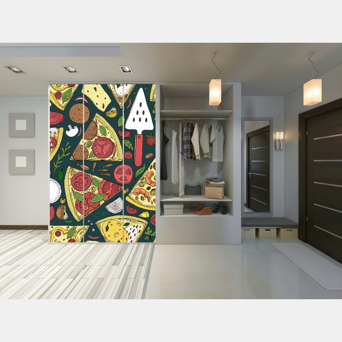 Naklejka na szafę kolorowy wzór plasterków pizzy – Wallissimo® Naklejka na szafę kolorowy wzór plasterków pizzy – Wallissimo®