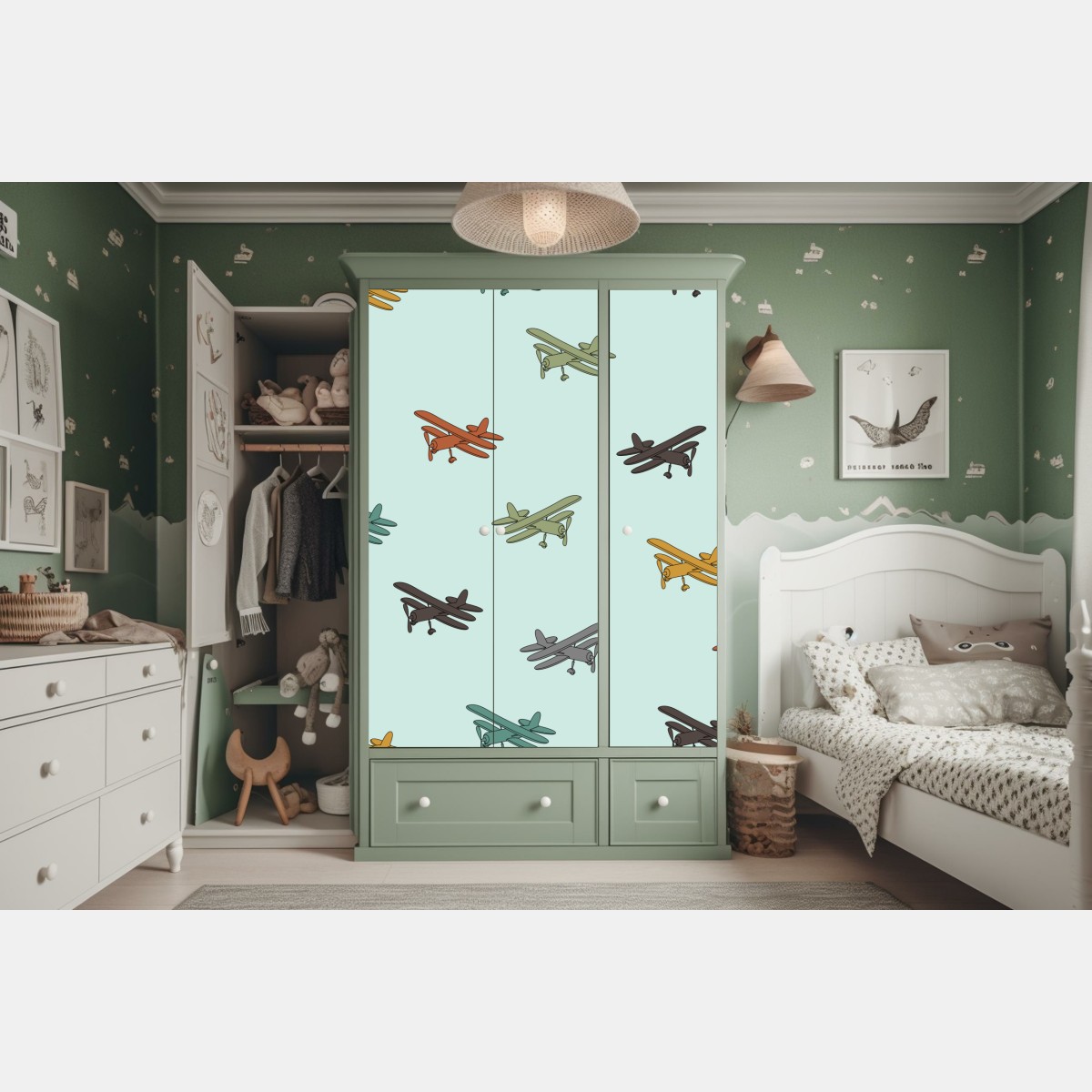 Naklejka na szafę wzór z dwupłatowcami na turkusowym tle – Wallissimo® Naklejka na szafę wzór z dwupłatowcami na turkusowym tle – Wallissimo®