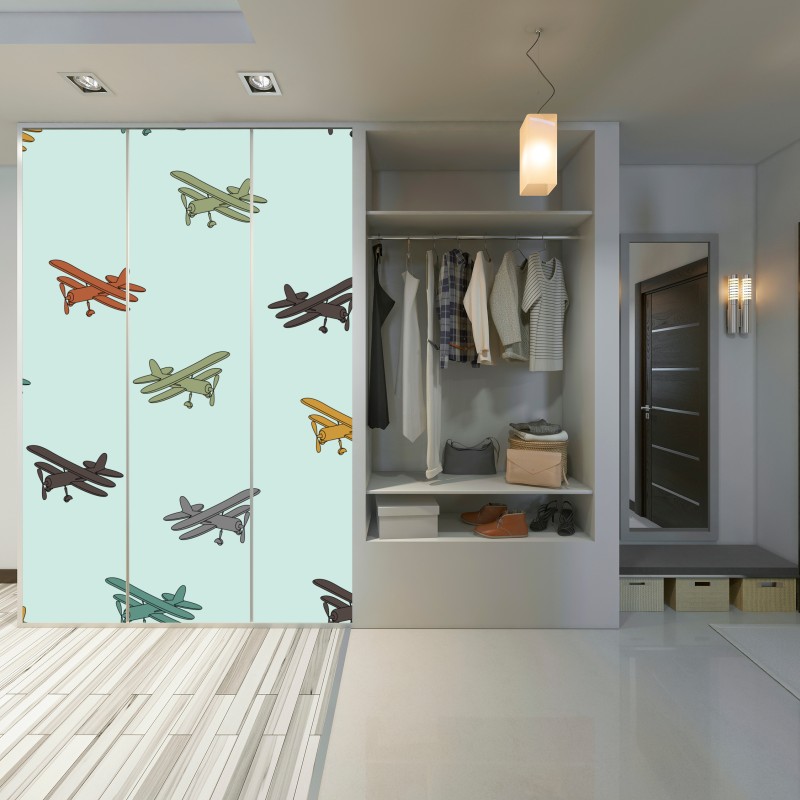 Naklejka na szafę wzór z dwupłatowcami na turkusowym tle – Wallissimo® Naklejka na szafę wzór z dwupłatowcami na turkusowym tle – Wallissimo®