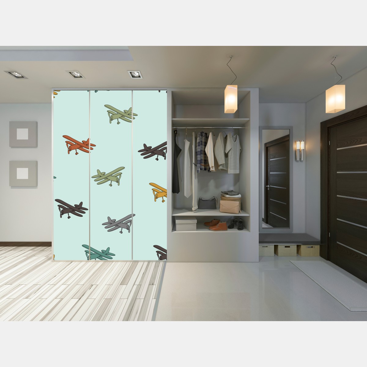 Naklejka na szafę wzór z dwupłatowcami na turkusowym tle – Wallissimo® Naklejka na szafę wzór z dwupłatowcami na turkusowym tle – Wallissimo®