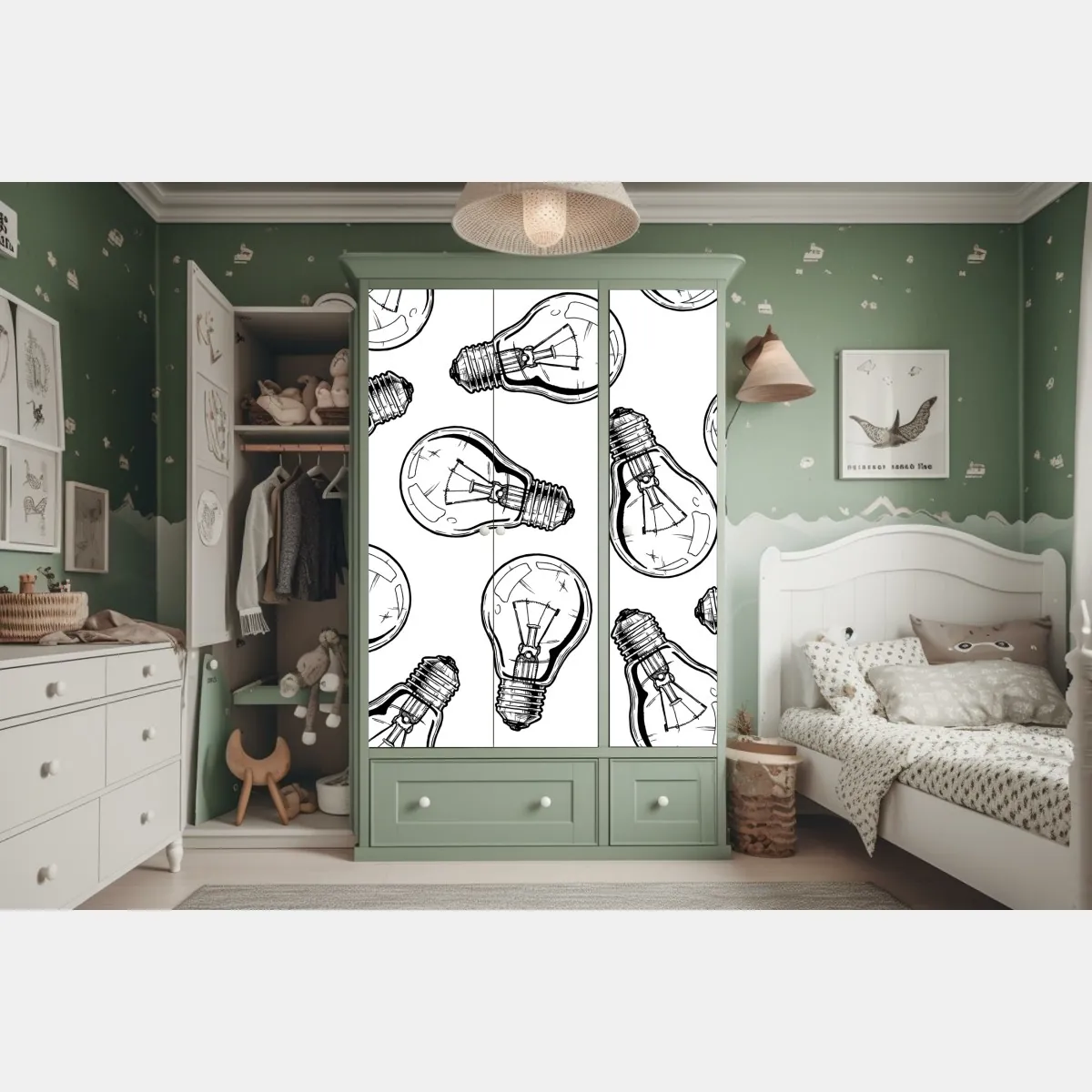 Naklejka na szafę ręcznie rysowany wzór żarówki – Wallissimo® Naklejka na szafę ręcznie rysowany wzór żarówki – Wallissimo®