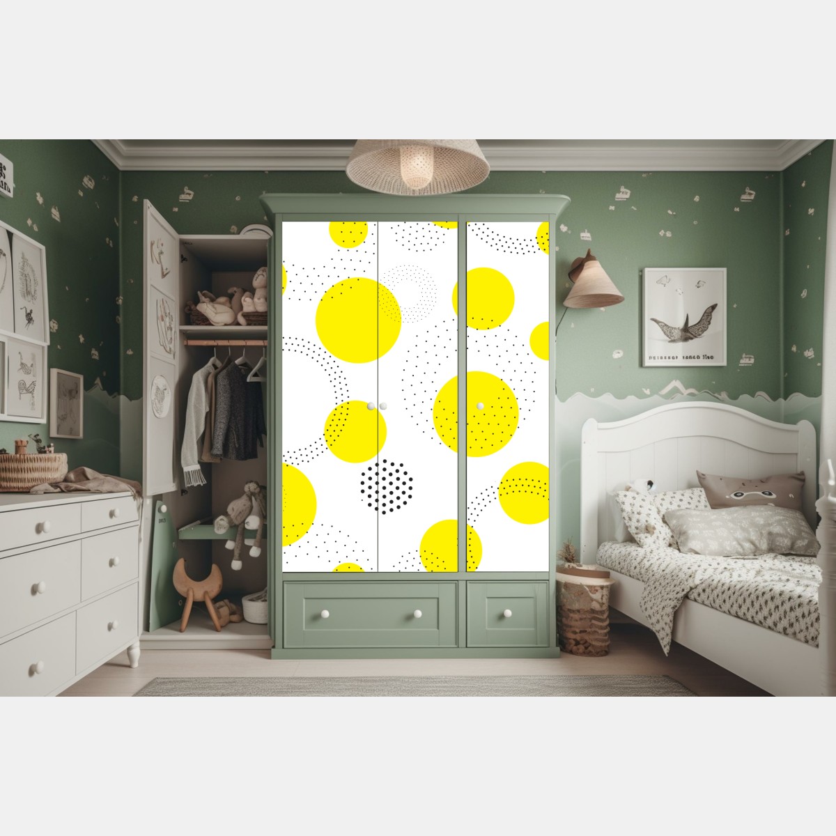Naklejka na szafę jasny żółty wzór w kropki do pokoju – Wallissimo® Naklejka na szafę jasny żółty wzór w kropki do pokoju – Wallissimo®