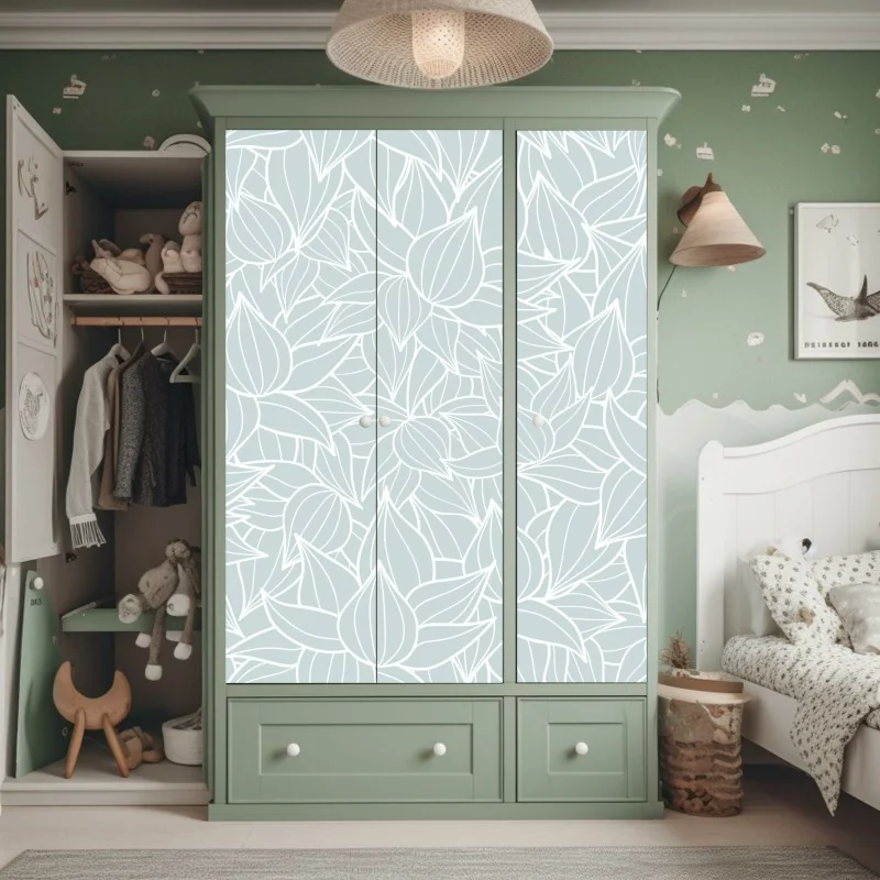 Naklejka na szafę delikatny turkusowy wzór liści – Wallissimo® Naklejka na szafę delikatny turkusowy wzór liści – Wallissimo®