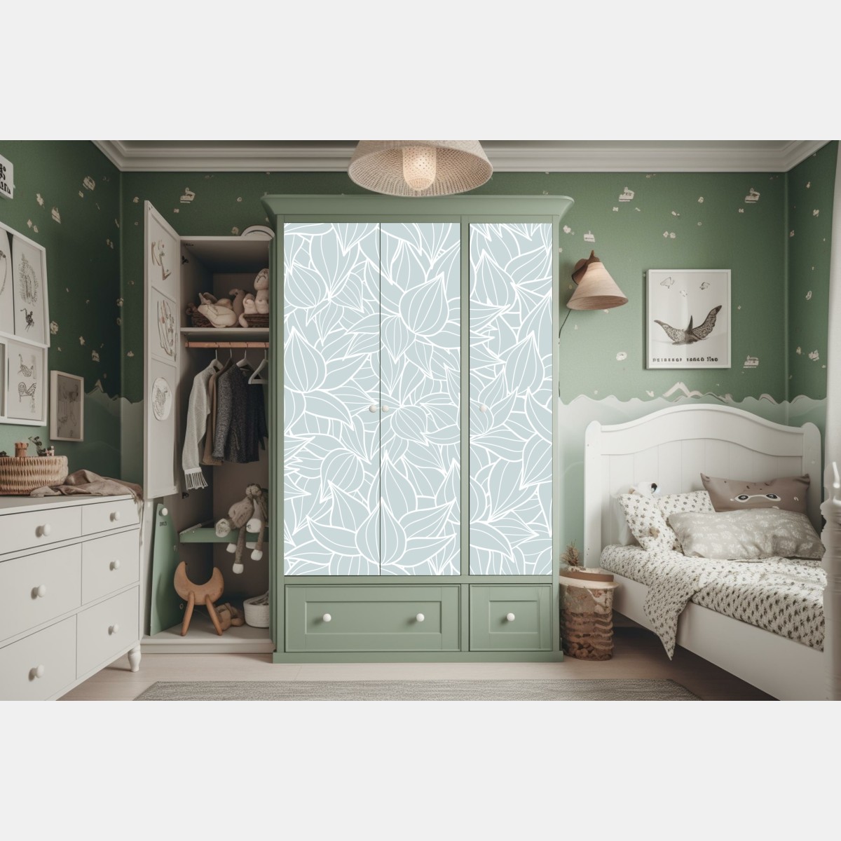 Naklejka na szafę delikatny turkusowy wzór liści – Wallissimo® Naklejka na szafę delikatny turkusowy wzór liści – Wallissimo®