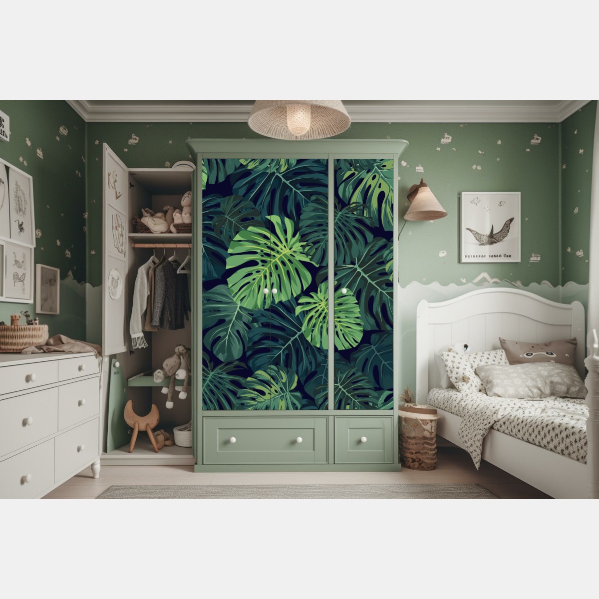 Naklejka na szafę wzór z tropikalnymi liśćmi monstera – Wallissimo® Naklejka na szafę wzór z tropikalnymi liśćmi monstera – Wallissimo®