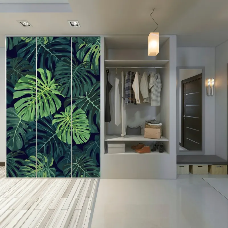 Naklejka na szafę wzór z tropikalnymi liśćmi monstera – Wallissimo® Naklejka na szafę wzór z tropikalnymi liśćmi monstera – Wallissimo®