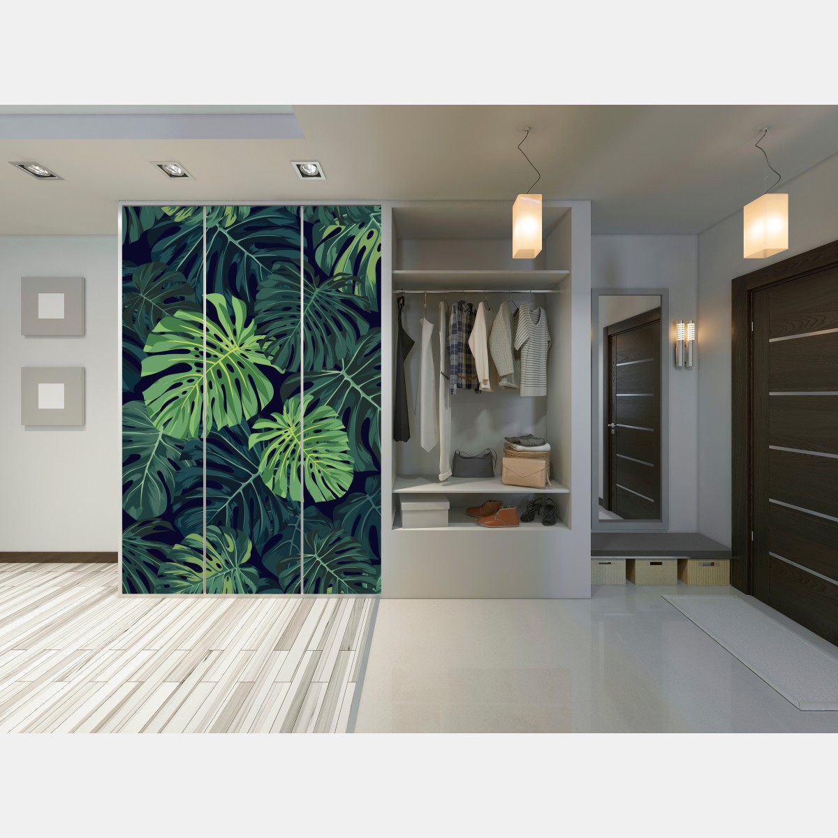 Naklejka na szafę wzór z tropikalnymi liśćmi monstera – Wallissimo® Naklejka na szafę wzór z tropikalnymi liśćmi monstera – Wallissimo®