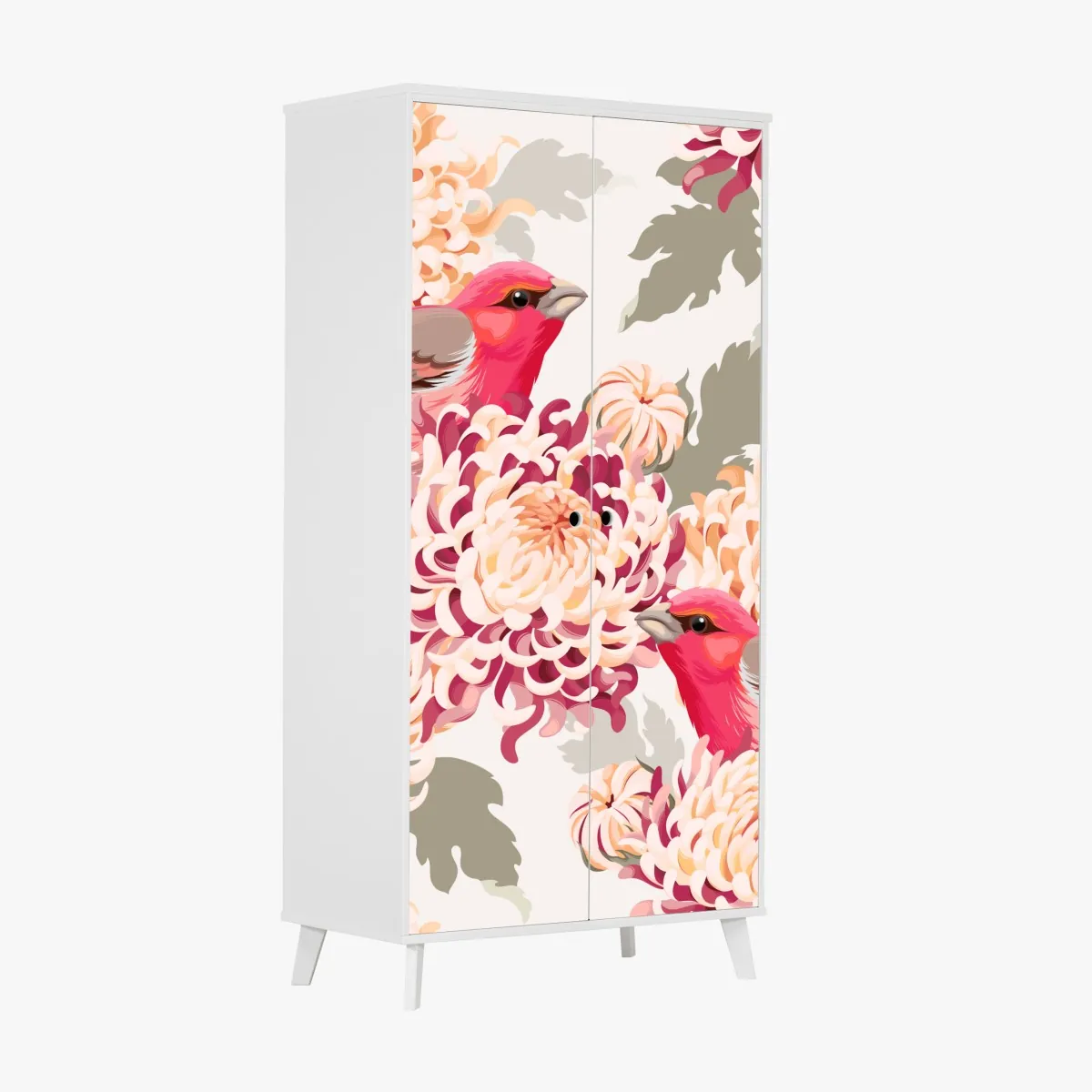 Naklejka na szafę różowe ptaki i wzór z chryzantemami – Wallissimo® Naklejka na szafę różowe ptaki i wzór z chryzantemami – Wallissimo®