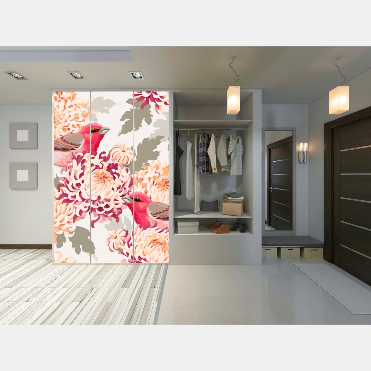 Naklejka na szafę różowe ptaki i wzór z chryzantemami – Wallissimo® Naklejka na szafę różowe ptaki i wzór z chryzantemami – Wallissimo®