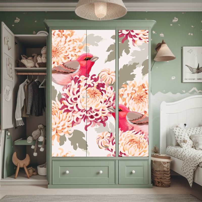 Naklejka na szafę różowe ptaki i wzór z chryzantemami – Wallissimo® Naklejka na szafę różowe ptaki i wzór z chryzantemami – Wallissimo®