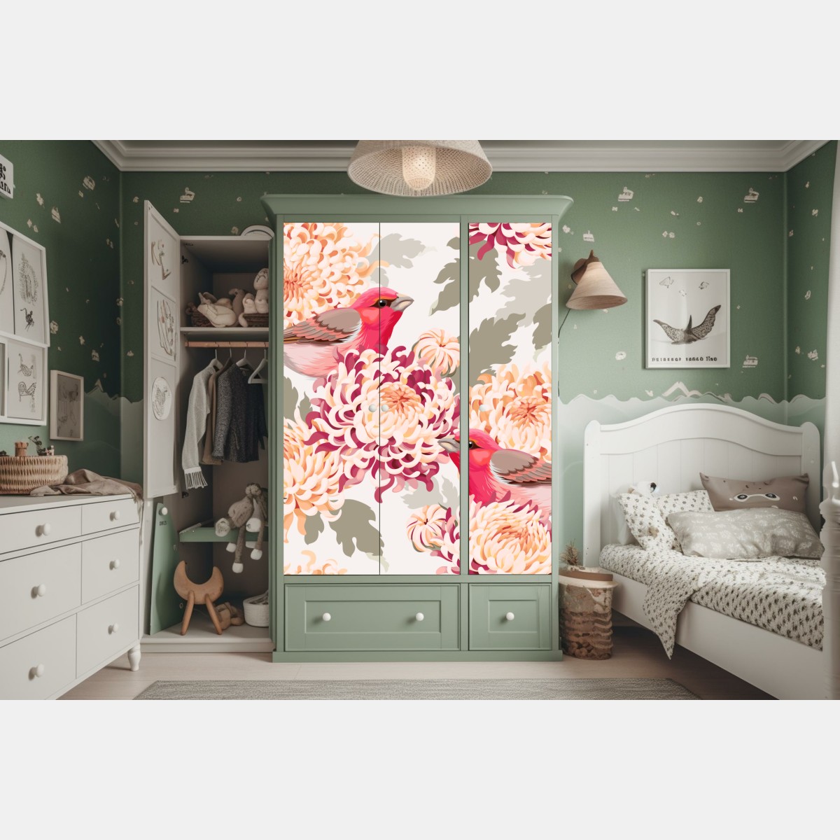 Naklejka na szafę różowe ptaki i wzór z chryzantemami – Wallissimo® Naklejka na szafę różowe ptaki i wzór z chryzantemami – Wallissimo®