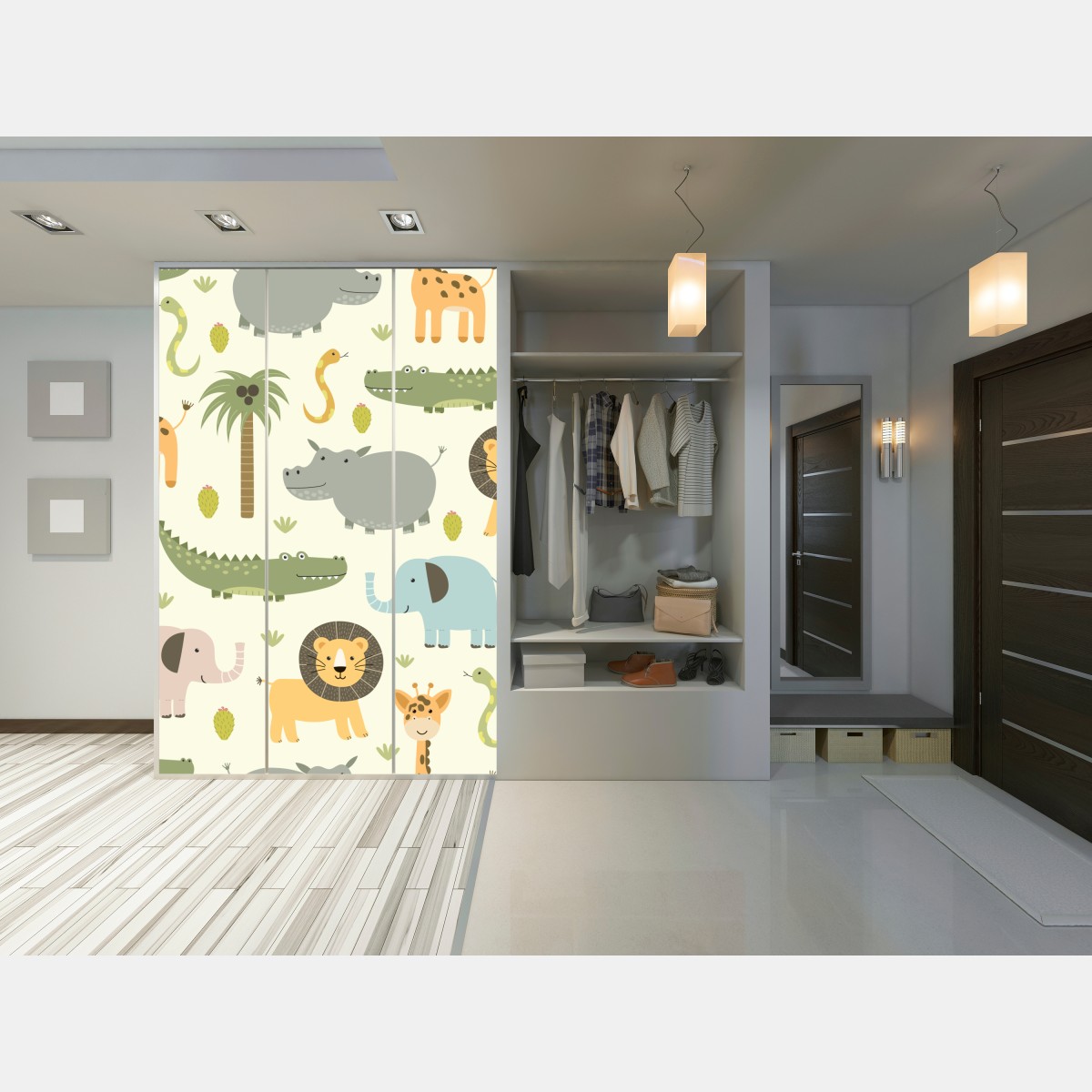 Naklejka na szafę pastelowy wzór zwierząt safari – Wallissimo® Naklejka na szafę pastelowy wzór zwierząt safari – Wallissimo®