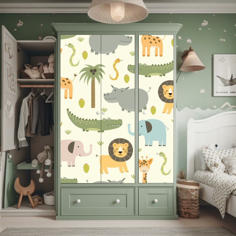 Naklejka na szafę pastelowy wzór zwierząt safari – Wallissimo® Naklejka na szafę pastelowy wzór zwierząt safari – Wallissimo®