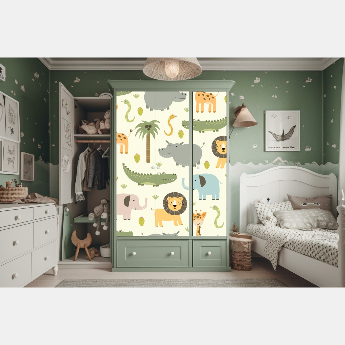 Naklejka na szafę pastelowy wzór zwierząt safari – Wallissimo® Naklejka na szafę pastelowy wzór zwierząt safari – Wallissimo®