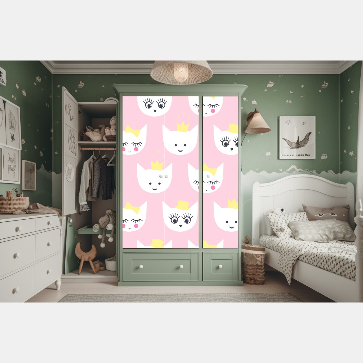 Naklejka na szafę różowy wzór z kocimi buźkami – Wallissimo® Naklejka na szafę różowy wzór z kocimi buźkami – Wallissimo®