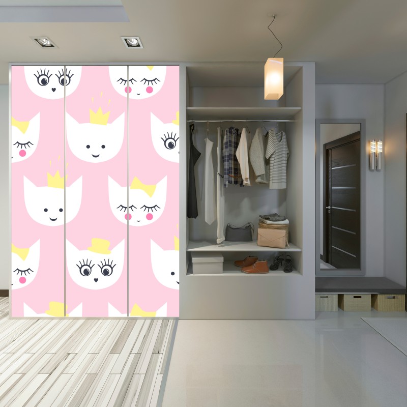 Naklejka na szafę różowy wzór z kocimi buźkami – Wallissimo® Naklejka na szafę różowy wzór z kocimi buźkami – Wallissimo®