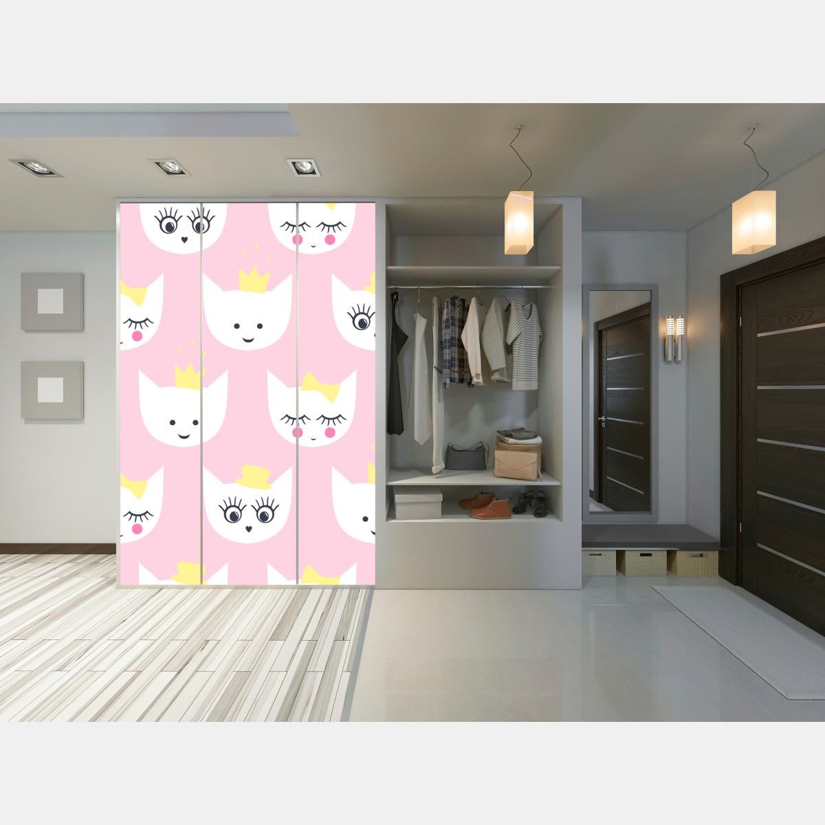 Naklejka na szafę różowy wzór z kocimi buźkami – Wallissimo® Naklejka na szafę różowy wzór z kocimi buźkami – Wallissimo®