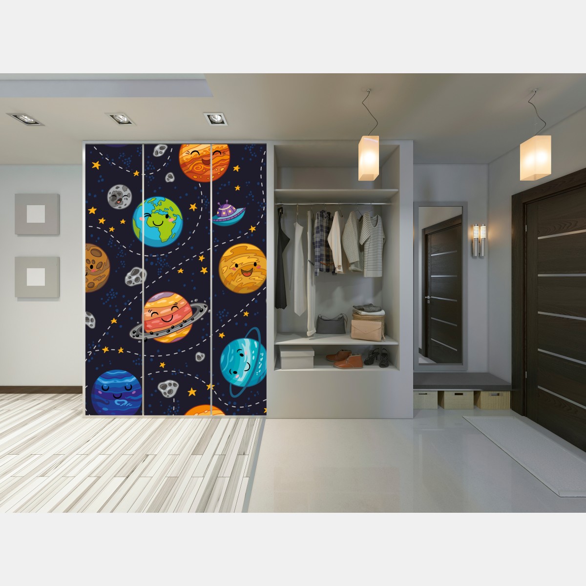 Naklejka na szafę uśmiechnięte planety na zabawnym tle kosmicznym – Wallissimo® Naklejka na szafę uśmiechnięte planety na zabawnym tle kosmicznym – Wallissimo®