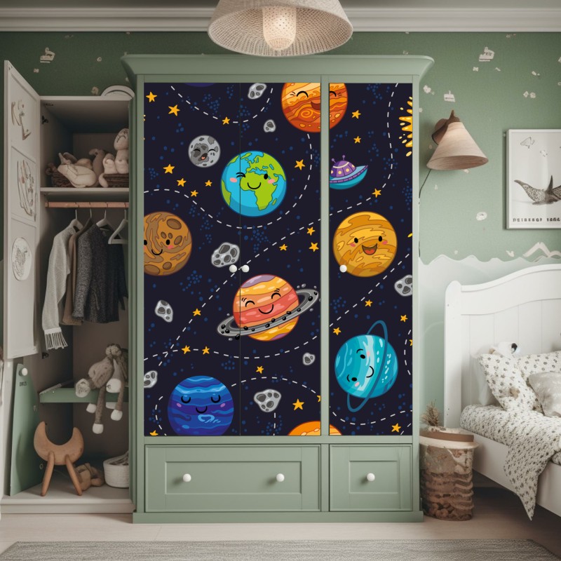 Naklejka na szafę uśmiechnięte planety na zabawnym tle kosmicznym – Wallissimo® Naklejka na szafę uśmiechnięte planety na zabawnym tle kosmicznym – Wallissimo®