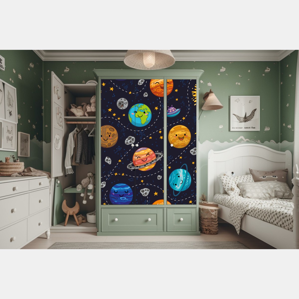 Naklejka na szafę uśmiechnięte planety na zabawnym tle kosmicznym – Wallissimo® Naklejka na szafę uśmiechnięte planety na zabawnym tle kosmicznym – Wallissimo®