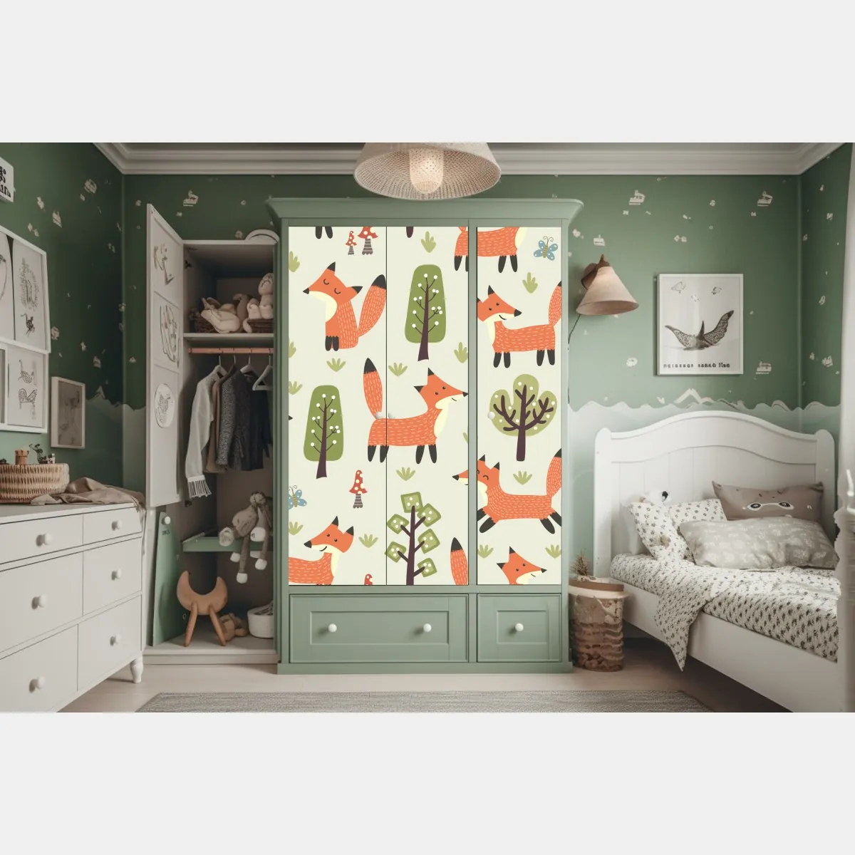 Naklejka na szafę wesoły leśny wzór z lisami – Wallissimo® Naklejka na szafę wesoły leśny wzór z lisami – Wallissimo®