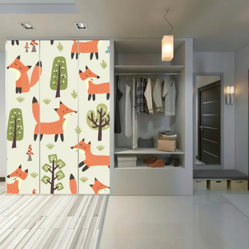 Naklejka na szafę wesoły leśny wzór z lisami – Wallissimo® Naklejka na szafę wesoły leśny wzór z lisami – Wallissimo®