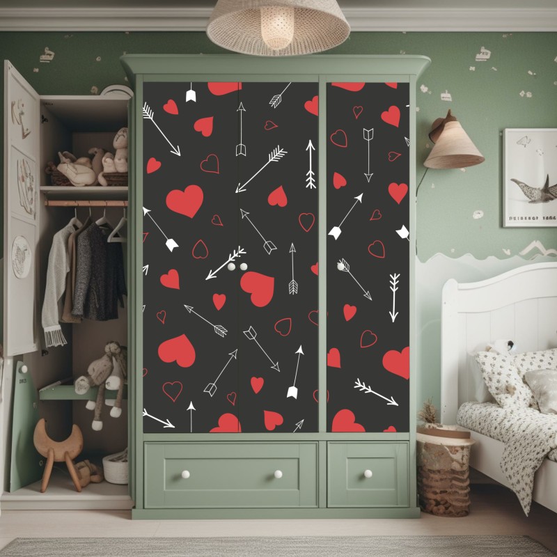 Naklejka na szafę wzór czerwonych serc i strzał – Wallissimo® Naklejka na szafę wzór czerwonych serc i strzał – Wallissimo®