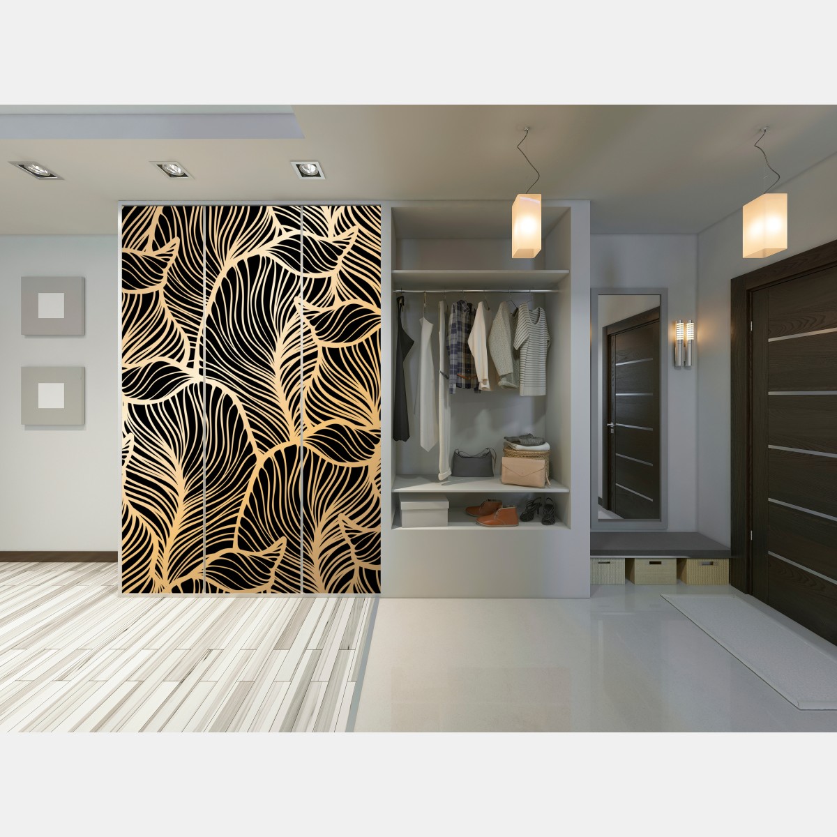 Naklejka na szafę złoty wzór liści na czarnym tle – Wallissimo® Naklejka na szafę złoty wzór liści na czarnym tle – Wallissimo®