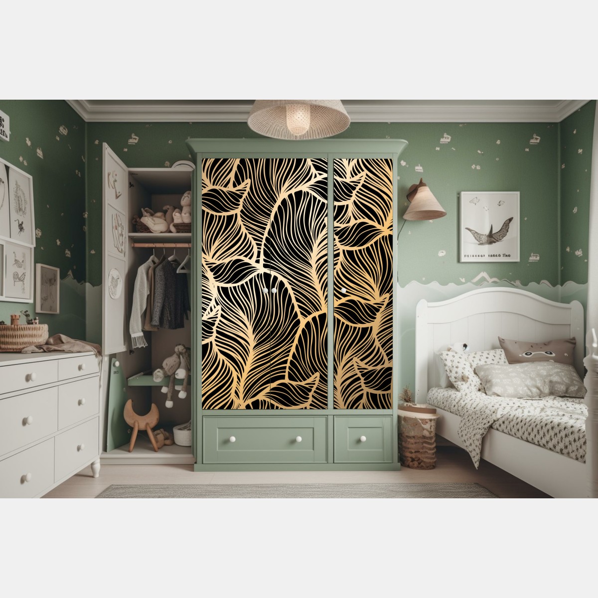 Naklejka na szafę złoty wzór liści na czarnym tle – Wallissimo® Naklejka na szafę złoty wzór liści na czarnym tle – Wallissimo®