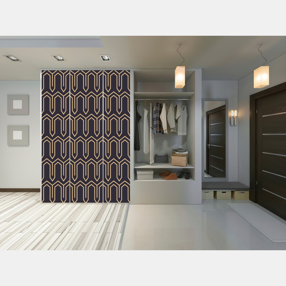 Naklejka na szafę art deco geometryczny wzór w złocie na czarnym tle – Wallissimo® Naklejka na szafę art deco geometryczny wzór w złocie na czarnym tle – Wallissimo®