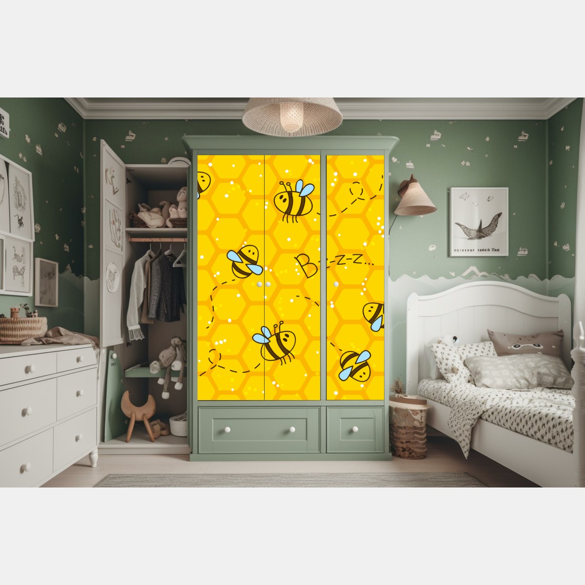 Naklejka na szafę uroczy wzór z pszczołami i plastrem miodu – Wallissimo® Naklejka na szafę uroczy wzór z pszczołami i plastrem miodu – Wallissimo®