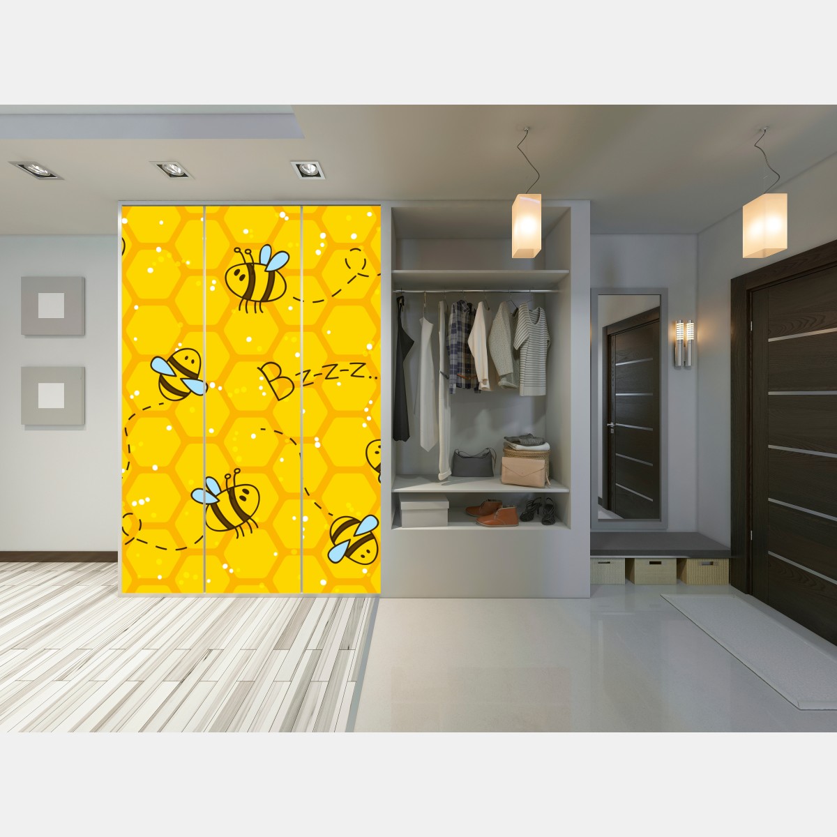 Naklejka na szafę uroczy wzór z pszczołami i plastrem miodu – Wallissimo® Naklejka na szafę uroczy wzór z pszczołami i plastrem miodu – Wallissimo®