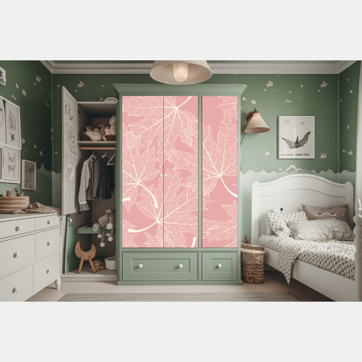 Naklejka na szafę delikatny różowy wzór liści – Wallissimo® Naklejka na szafę delikatny różowy wzór liści – Wallissimo®