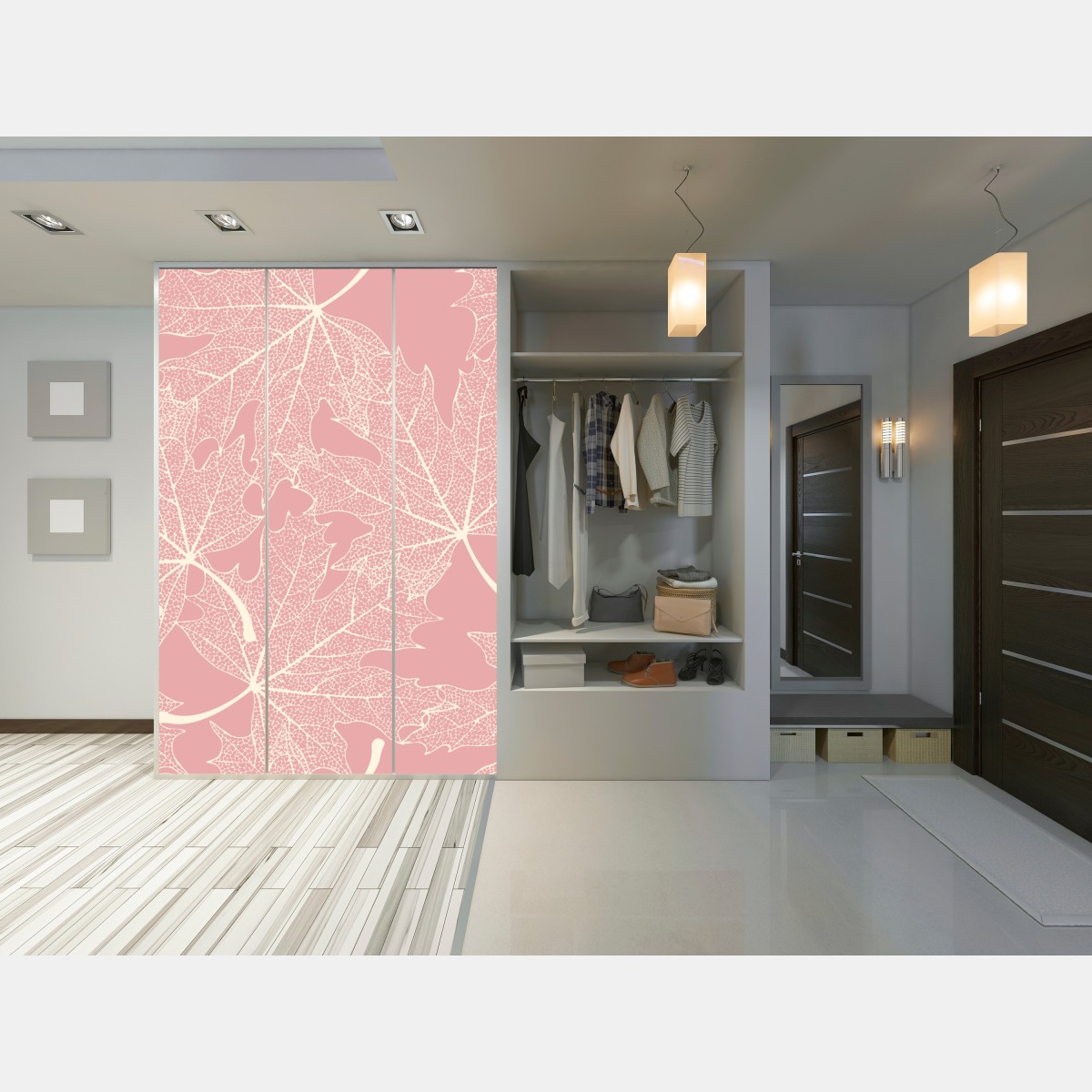 Naklejka na szafę delikatny różowy wzór liści – Wallissimo® Naklejka na szafę delikatny różowy wzór liści – Wallissimo®