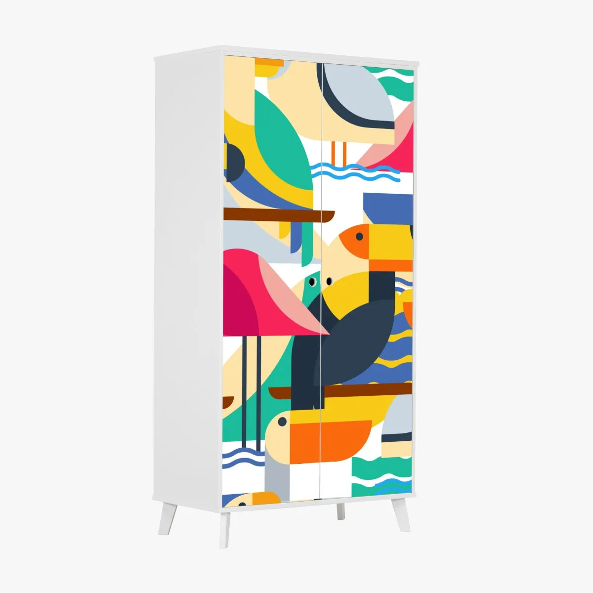 Naklejka na szafę tropikalny geometryczny wzór ptaków – Wallissimo® Naklejka na szafę tropikalny geometryczny wzór ptaków – Wallissimo®