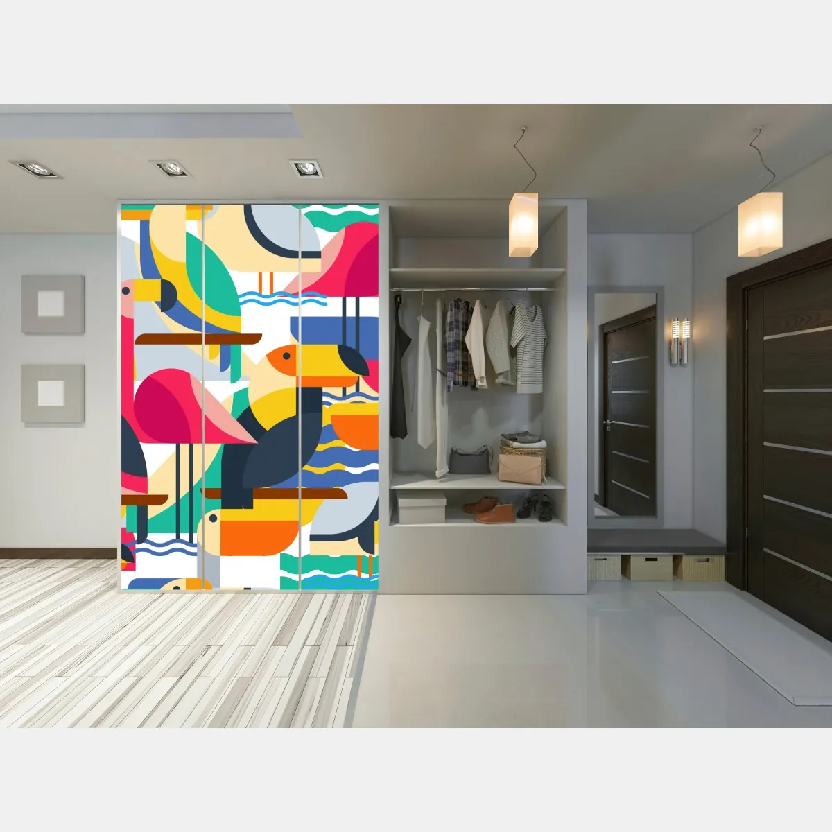 Naklejka na szafę tropikalny geometryczny wzór ptaków – Wallissimo® Naklejka na szafę tropikalny geometryczny wzór ptaków – Wallissimo®