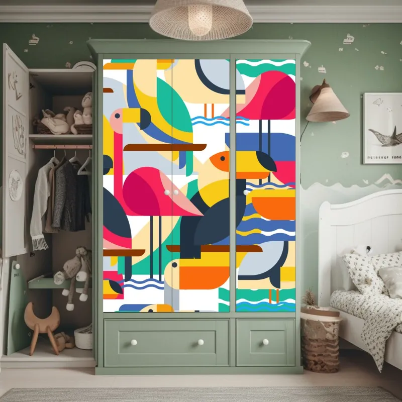 Naklejka na szafę tropikalny geometryczny wzór ptaków – Wallissimo® Naklejka na szafę tropikalny geometryczny wzór ptaków – Wallissimo®