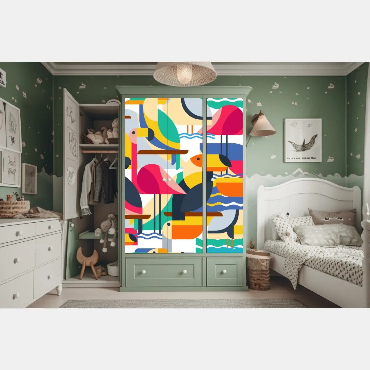 Naklejka na szafę tropikalny geometryczny wzór ptaków – Wallissimo® Naklejka na szafę tropikalny geometryczny wzór ptaków – Wallissimo®