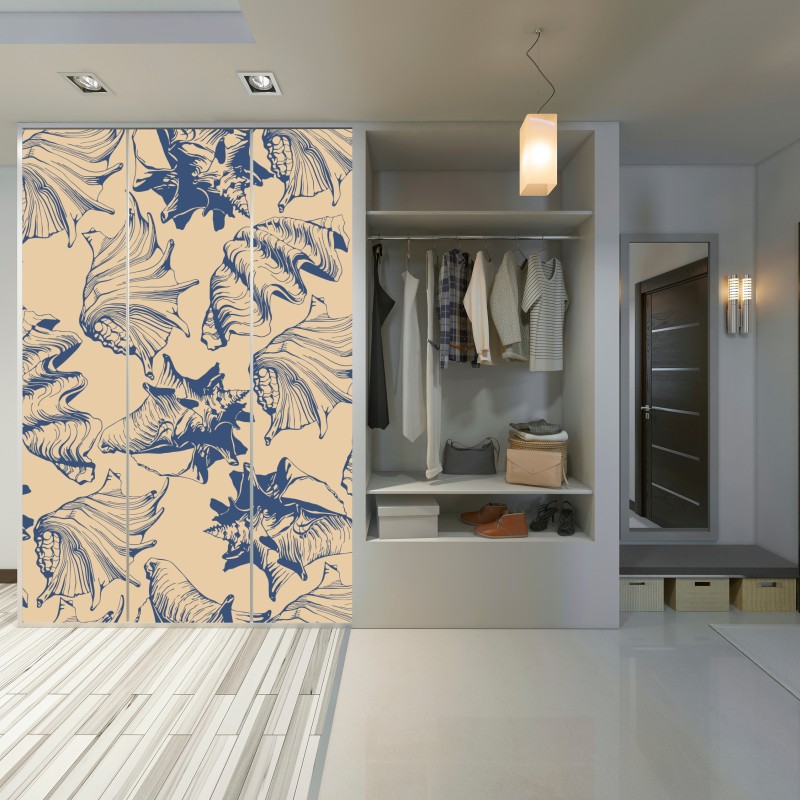 Naklejka na szafę wzór z muszlami w granacie i beżu – Wallissimo® Naklejka na szafę wzór z muszlami w granacie i beżu – Wallissimo®