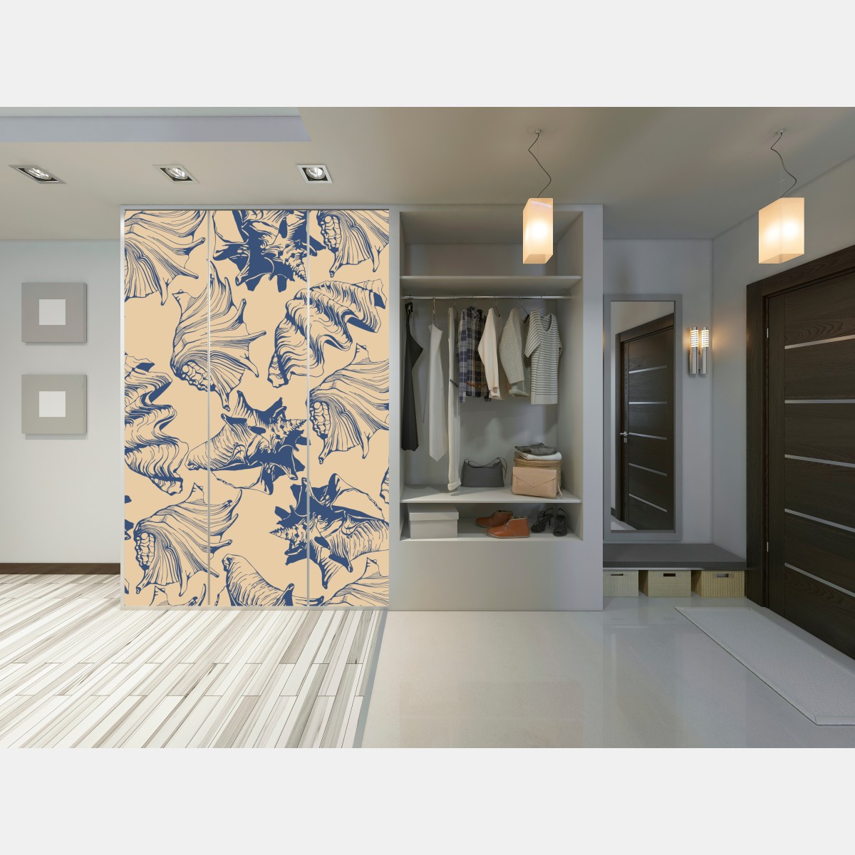 Naklejka na szafę wzór z muszlami w granacie i beżu – Wallissimo® Naklejka na szafę wzór z muszlami w granacie i beżu – Wallissimo®