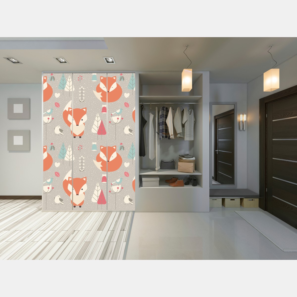 Naklejka na szafę uroczy leśny wzór z lisami – Wallissimo® Naklejka na szafę uroczy leśny wzór z lisami – Wallissimo®