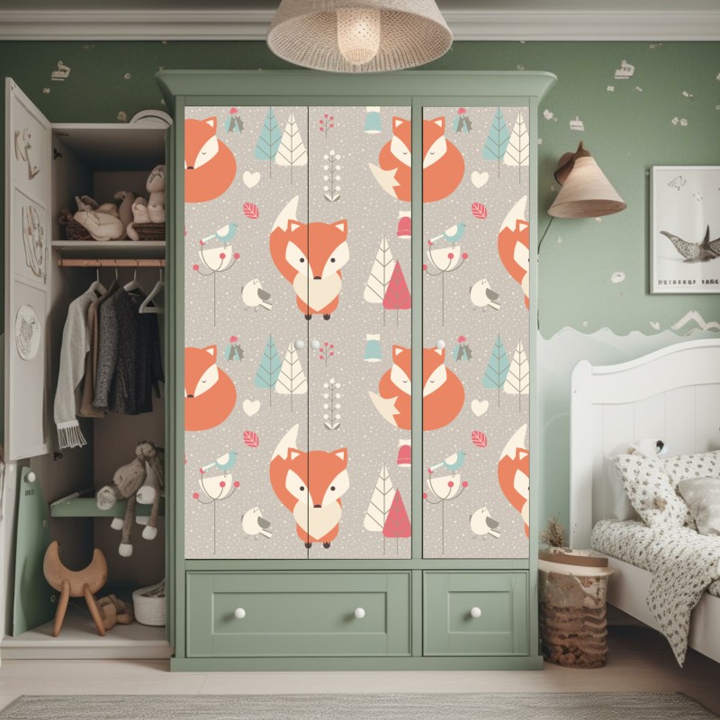 Naklejka na szafę uroczy leśny wzór z lisami – Wallissimo® Naklejka na szafę uroczy leśny wzór z lisami – Wallissimo®