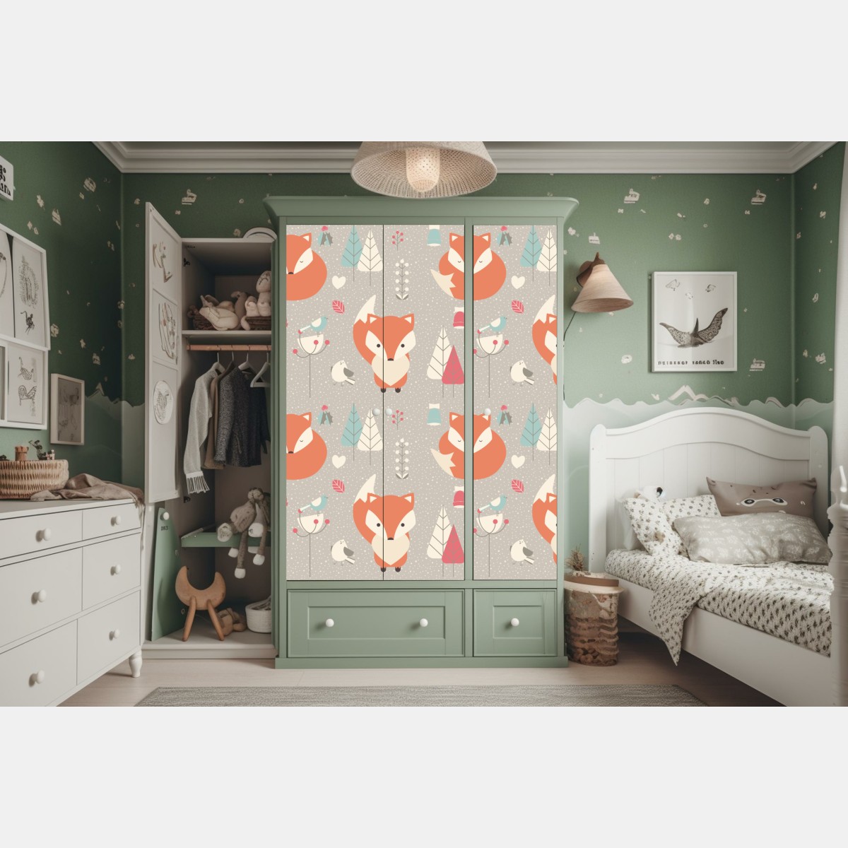 Naklejka na szafę uroczy leśny wzór z lisami – Wallissimo® Naklejka na szafę uroczy leśny wzór z lisami – Wallissimo®