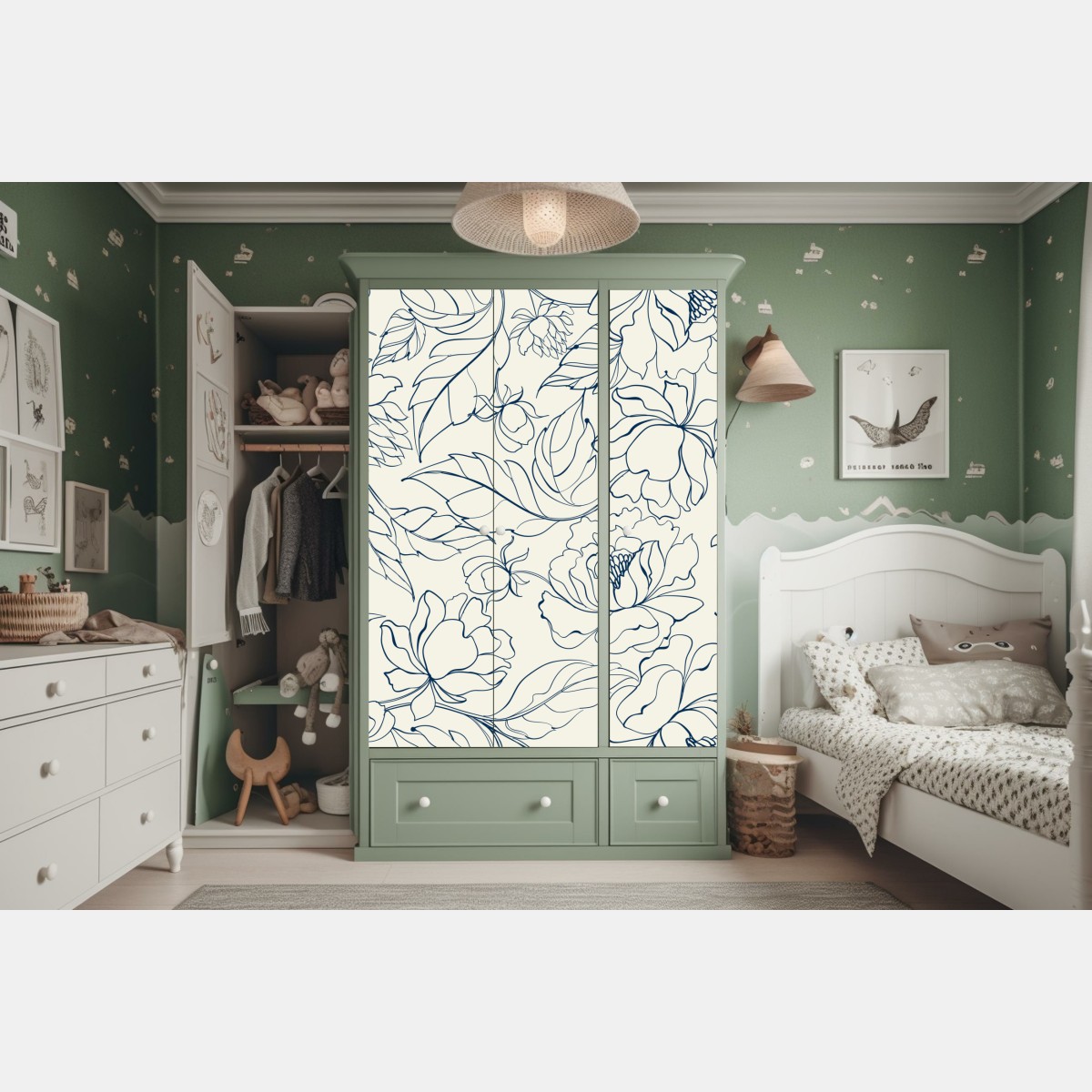 Naklejka na szafę ręcznie rysowany granatowy wzór kwiatowy na kremowym tle – Wallissimo® Naklejka na szafę ręcznie rysowany granatowy wzór kwiatowy na kremowym tle – Wallissimo®