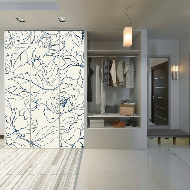 Naklejka na szafę ręcznie rysowany granatowy wzór kwiatowy na kremowym tle – Wallissimo® Naklejka na szafę ręcznie rysowany granatowy wzór kwiatowy na kremowym tle – Wallissimo®
