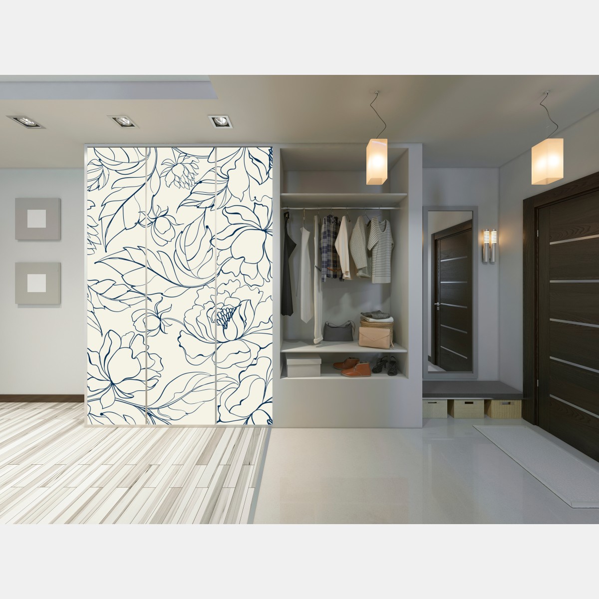 Naklejka na szafę ręcznie rysowany granatowy wzór kwiatowy na kremowym tle – Wallissimo® Naklejka na szafę ręcznie rysowany granatowy wzór kwiatowy na kremowym tle – Wallissimo®