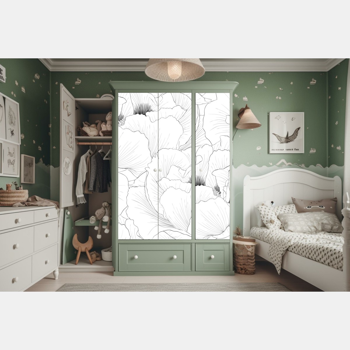 Naklejka na szafę delikatny botaniczny rysunek kwiatowy – Wallissimo® Naklejka na szafę delikatny botaniczny rysunek kwiatowy – Wallissimo®