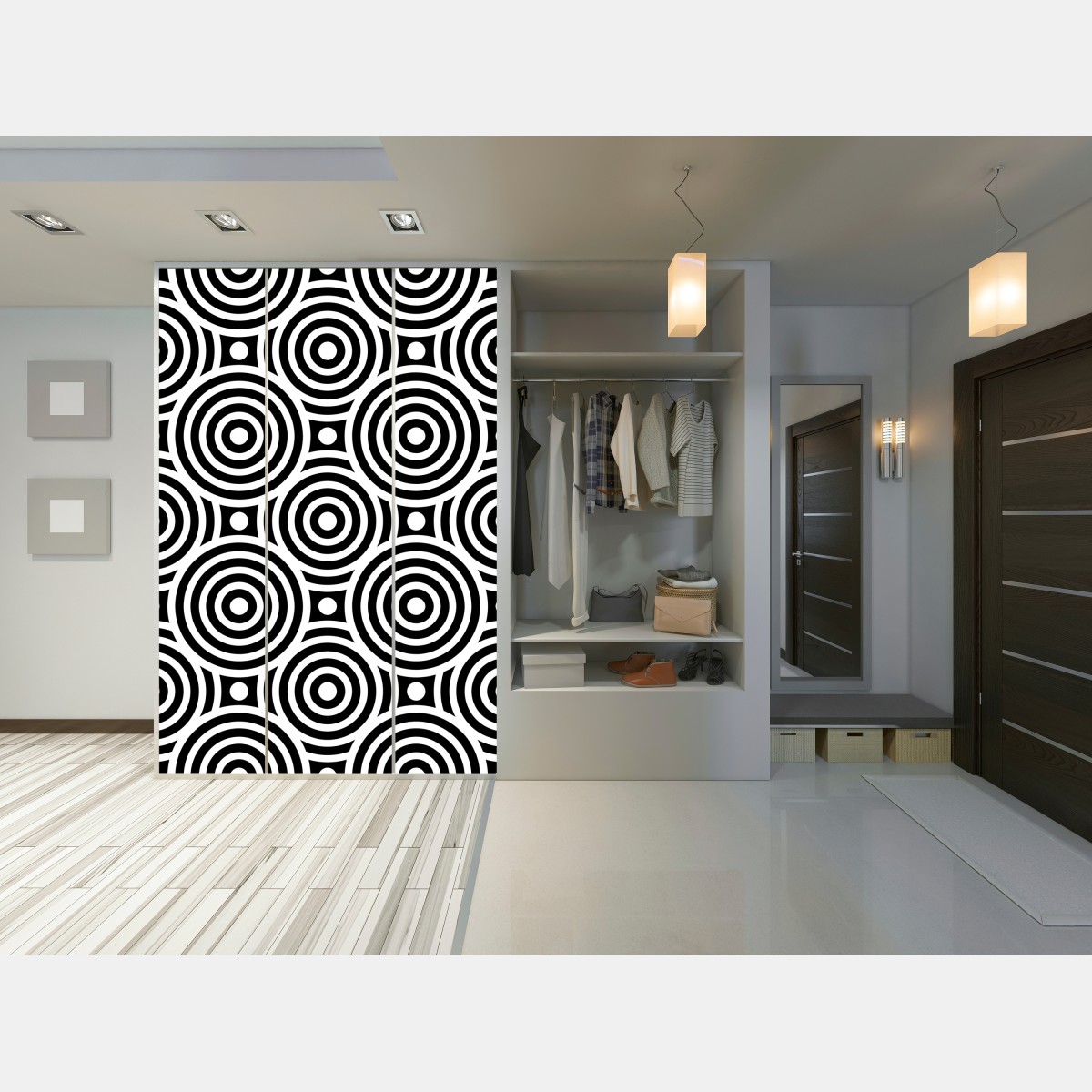 Naklejka na szafę czarno-biały wzór koncentrycznych kół – Wallissimo® Naklejka na szafę czarno-biały wzór koncentrycznych kół – Wallissimo®