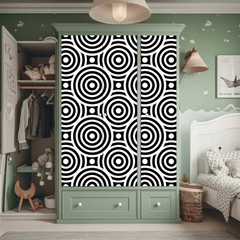 Naklejka na szafę czarno-biały wzór koncentrycznych kół – Wallissimo® Naklejka na szafę czarno-biały wzór koncentrycznych kół – Wallissimo®