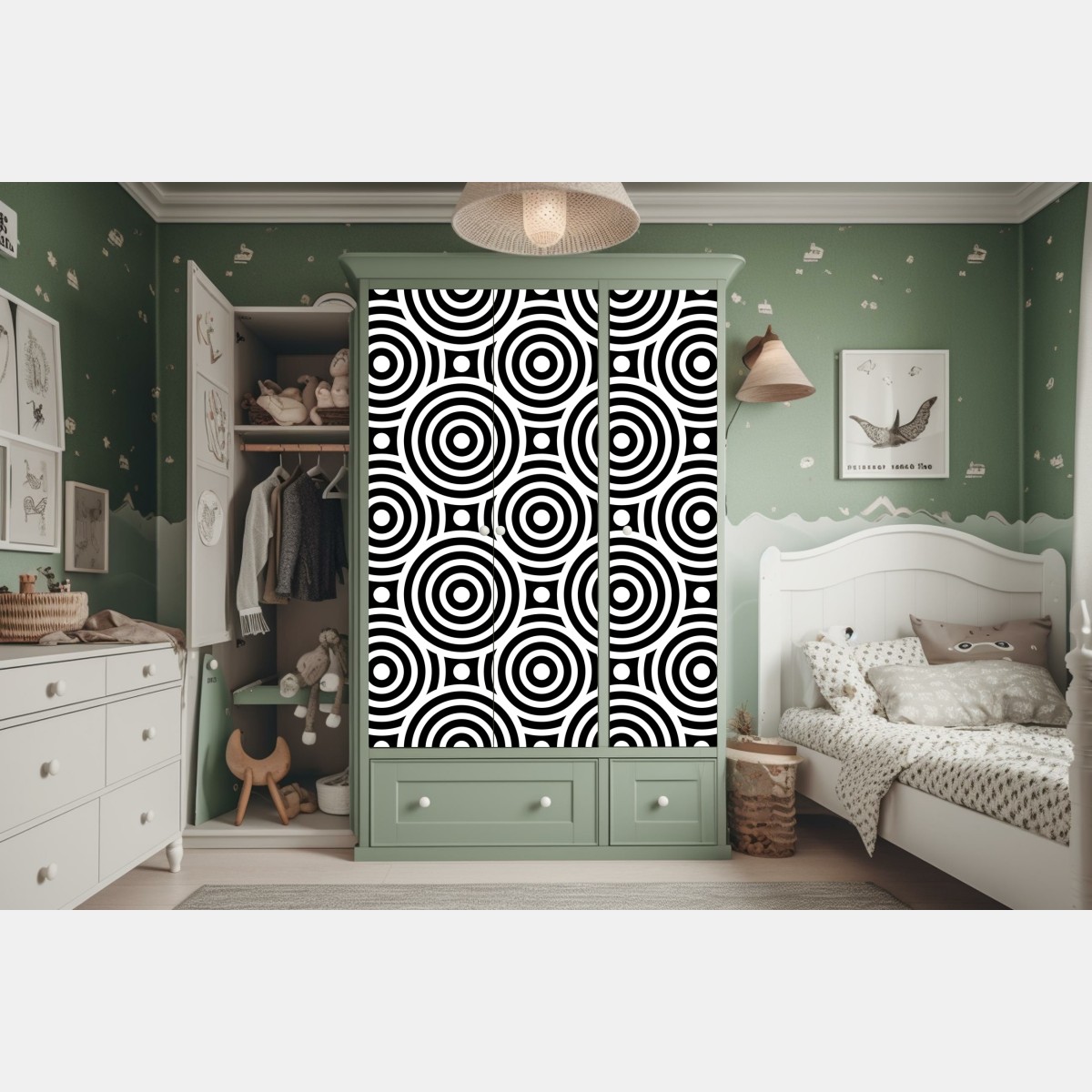Naklejka na szafę czarno-biały wzór koncentrycznych kół – Wallissimo® Naklejka na szafę czarno-biały wzór koncentrycznych kół – Wallissimo®